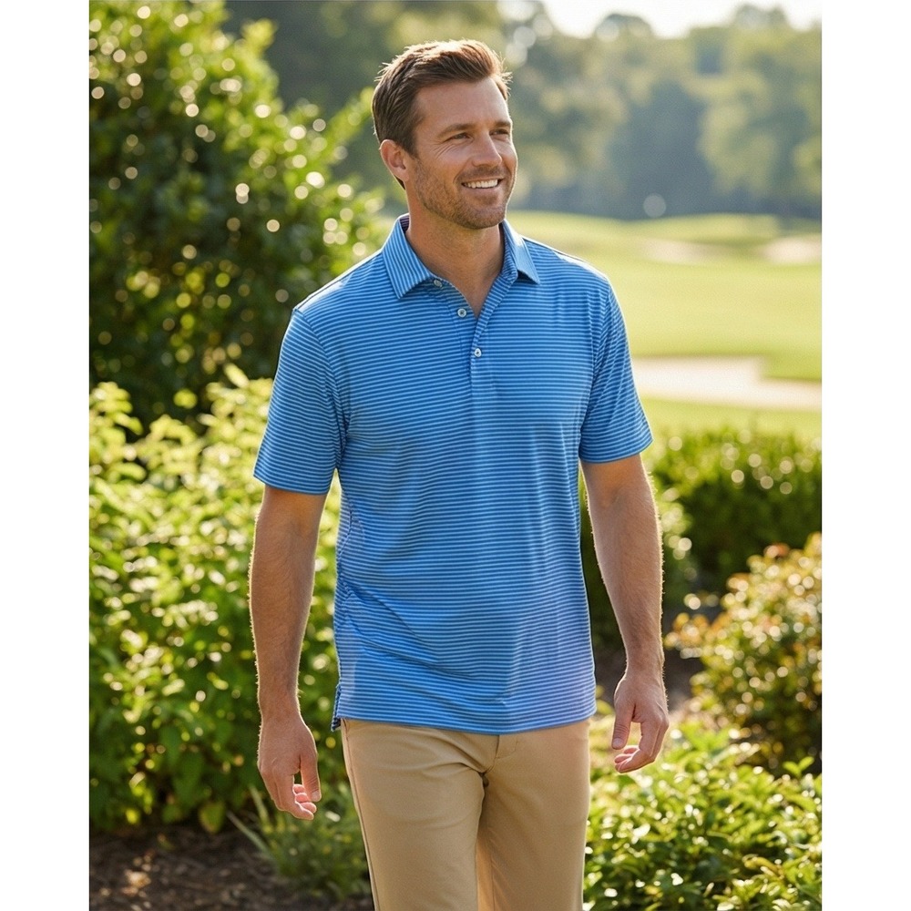 FootJoy Mens L Blue Striped Short Sleeve Golf Polo Shirt Large FLCC Winged Foot